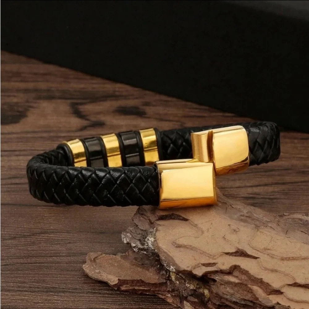 BLACK STAINLESS STEEL LEATHER BRACELET SILVER AND GOLD
